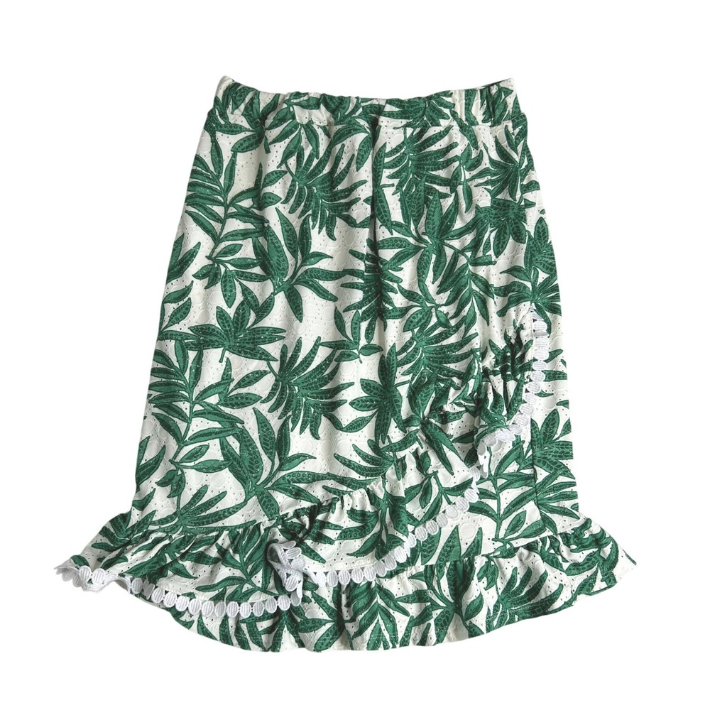 Brand Vintage Rose Green Tropical Leaf Eyelet Skirt Asymmetrical Hem Medium
